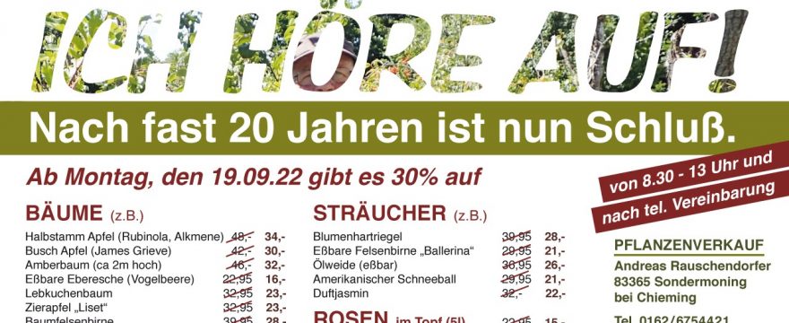 Pflanzenverkauf Rauschendorfer hört auf – Verkaufsaktion ab 19.9.22